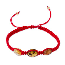 Load image into Gallery viewer, Red Nylon Braided Bracelet with Amber Beads from Mexico - Amber Passion | NOVICA