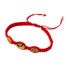 Load image into Gallery viewer, Red Nylon Braided Bracelet with Amber Beads from Mexico - Amber Passion | NOVICA