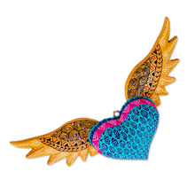 Load image into Gallery viewer, Mexican Handcarved Heart with Wings Hanging Wood Wall Decor - Winged Heart | NOVICA