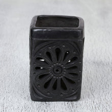 Load image into Gallery viewer, Oaxaca Barro Negro Rectangular Floral Ceramic Pencil Holder - Oaxacan Flower | NOVICA