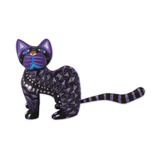 Load image into Gallery viewer, Black Alebrije Cat Silver and Purple Hand Painted Motifs - Sophisticated Cat | NOVICA