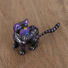 Load image into Gallery viewer, Black Alebrije Cat Silver and Purple Hand Painted Motifs - Sophisticated Cat | NOVICA
