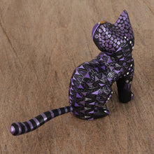 Load image into Gallery viewer, Black Alebrije Cat Silver and Purple Hand Painted Motifs - Sophisticated Cat | NOVICA