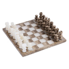 Load image into Gallery viewer, Onyx and Marble Chess Set Crafted in Mexico - Brown and Ivory | NOVICA