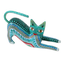 Load image into Gallery viewer, Wood Alebrije Figurine Cat in Green from Mexico - Cat Stretch | NOVICA