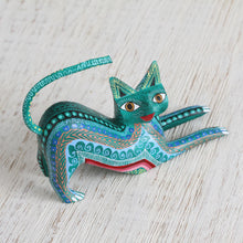Load image into Gallery viewer, Wood Alebrije Figurine Cat in Green from Mexico - Cat Stretch | NOVICA