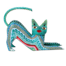 Load image into Gallery viewer, Wood Alebrije Figurine Cat in Green from Mexico - Cat Stretch | NOVICA