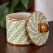 Load image into Gallery viewer, Green Striped Ceramic Cylindrical Decorative Jar - Cloud Crossing in Green | NOVICA