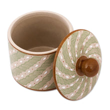 Load image into Gallery viewer, Green Striped Ceramic Cylindrical Decorative Jar - Cloud Crossing in Green | NOVICA