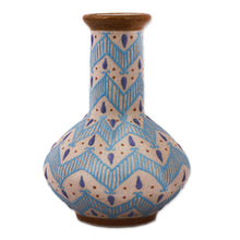 Load image into Gallery viewer, Handcrafted Blue and Ivory Chevron Motif Ceramic Flower Vase - Chevron Tears | NOVICA