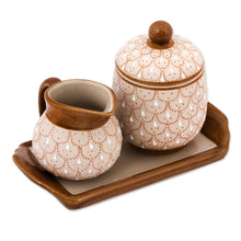 Load image into Gallery viewer, Beige Ceramic Sugar Bowl and Creamer 3-Piece Set with Tray - Terracotta Feathers | NOVICA