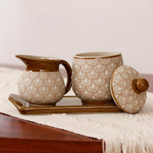 Load image into Gallery viewer, Beige Ceramic Sugar Bowl and Creamer 3-Piece Set with Tray - Terracotta Feathers | NOVICA