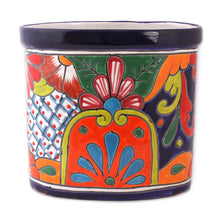 Load image into Gallery viewer, Floral Talavera-Style Ceramic Waste Bin from Mexico - Talavera Collector | NOVICA