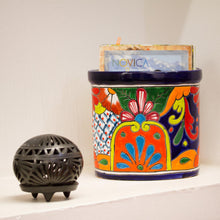 Load image into Gallery viewer, Floral Talavera-Style Ceramic Waste Bin from Mexico - Talavera Collector | NOVICA