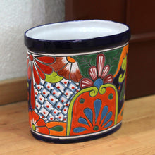 Load image into Gallery viewer, Floral Talavera-Style Ceramic Waste Bin from Mexico - Talavera Collector | NOVICA