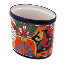 Load image into Gallery viewer, Floral Talavera-Style Ceramic Waste Bin from Mexico - Talavera Collector | NOVICA