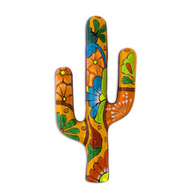 Load image into Gallery viewer, Hand-Painted Cactus Talavera-Style Ceramic Wall Sculpture - Talavera Saguaro | NOVICA