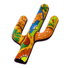 Load image into Gallery viewer, Hand-Painted Cactus Talavera-Style Ceramic Wall Sculpture - Talavera Saguaro | NOVICA