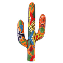 Load image into Gallery viewer, Floral Cactus Talavera-Style Ceramic Wall Sculpture - Desert Saguaro | NOVICA