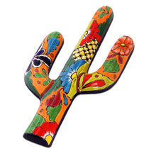 Load image into Gallery viewer, Floral Cactus Talavera-Style Ceramic Wall Sculpture - Desert Saguaro | NOVICA