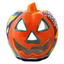 Load image into Gallery viewer, Floral Jack-O-Lantern Talavera Ceramic Candle Holder - Jolly Jack-O-Lantern | NOVICA