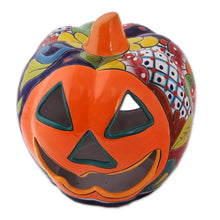 Load image into Gallery viewer, Floral Jack-O-Lantern Talavera Ceramic Candle Holder - Jolly Jack-O-Lantern | NOVICA