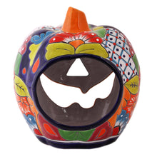 Load image into Gallery viewer, Floral Jack-O-Lantern Talavera Ceramic Candle Holder - Jolly Jack-O-Lantern | NOVICA