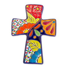 Load image into Gallery viewer, Talavera-Style Ceramic Wall Cross from Mexico - Spanish Faith | NOVICA