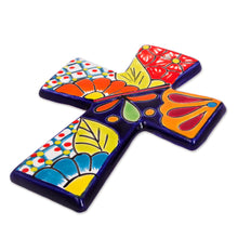 Load image into Gallery viewer, Talavera-Style Ceramic Wall Cross from Mexico - Spanish Faith | NOVICA