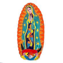 Load image into Gallery viewer, Talavera-Style Ceramic Wall Sculpture of the Virgin Mary - Talavera Guadalupe in Orange | NOVICA