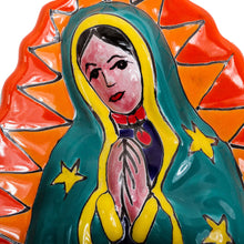 Load image into Gallery viewer, Talavera-Style Ceramic Wall Sculpture of the Virgin Mary - Talavera Guadalupe in Orange | NOVICA