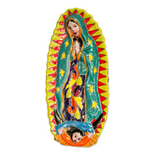 Load image into Gallery viewer, Mother Mary Talavera-Style Ceramic Wall Sculpture - Talavera Guadalupe in Green | NOVICA