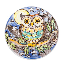 Load image into Gallery viewer, Owl Under Night Sky Colorful Ceramic Decorative Plate - Whimsical Owl | NOVICA
