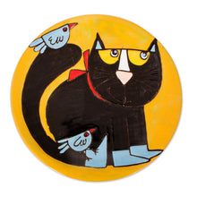 Load image into Gallery viewer, Handcrafted Black Cat with Birds Ceramic Decorative Plate - Cat and Birds | NOVICA