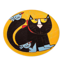 Load image into Gallery viewer, Handcrafted Black Cat with Birds Ceramic Decorative Plate - Cat and Birds | NOVICA