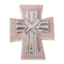 Load image into Gallery viewer, Pewter and Reclaimed Stone Wall Cross from Mexico - Strapped Cross | NOVICA