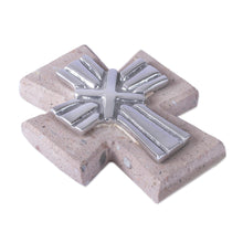 Load image into Gallery viewer, Pewter and Reclaimed Stone Wall Cross from Mexico - Strapped Cross | NOVICA