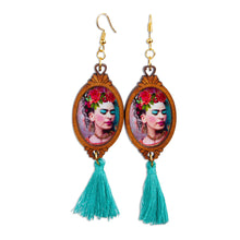 Load image into Gallery viewer, Handcrafted Frida Kahlo Wood Dangle Earrings Aqua Tassels - Brilliant Frida | NOVICA