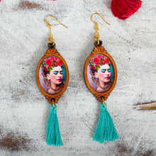 Load image into Gallery viewer, Handcrafted Frida Kahlo Wood Dangle Earrings Aqua Tassels - Brilliant Frida | NOVICA