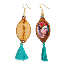 Load image into Gallery viewer, Handcrafted Frida Kahlo Wood Dangle Earrings Aqua Tassels - Brilliant Frida | NOVICA