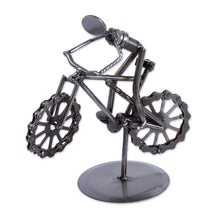 Load image into Gallery viewer, Bicycle-Themed Recycled Metal Auto Part Sculpture - Boy on a Bike | NOVICA
