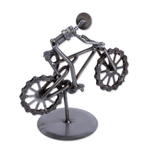 Load image into Gallery viewer, Bicycle-Themed Recycled Metal Auto Part Sculpture - Boy on a Bike | NOVICA