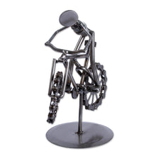 Load image into Gallery viewer, Bicycle-Themed Recycled Metal Auto Part Sculpture - Boy on a Bike | NOVICA