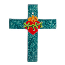 Load image into Gallery viewer, Signed Colorful Ceramic Wall Cross from Mexico - Heart of Faith | NOVICA