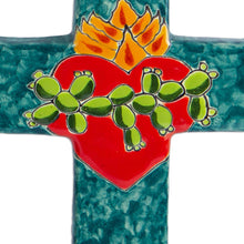 Load image into Gallery viewer, Signed Colorful Ceramic Wall Cross from Mexico - Heart of Faith | NOVICA