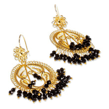 Load image into Gallery viewer, Gold Plated Chandelier Earrings with Black Crystal - Valley Flower in Black | NOVICA