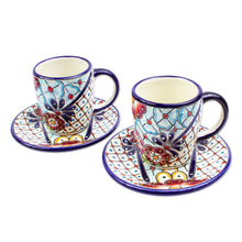 Load image into Gallery viewer, Talavera-Style Cups and Saucers (Pair) - Colors of Mexico | NOVICA
