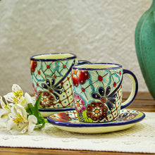 Load image into Gallery viewer, Talavera-Style Cups and Saucers (Pair) - Colors of Mexico | NOVICA
