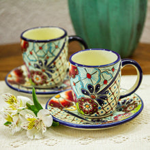 Load image into Gallery viewer, Talavera-Style Cups and Saucers (Pair) - Colors of Mexico | NOVICA