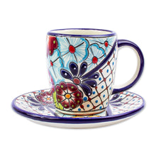 Load image into Gallery viewer, Talavera-Style Cups and Saucers (Pair) - Colors of Mexico | NOVICA
